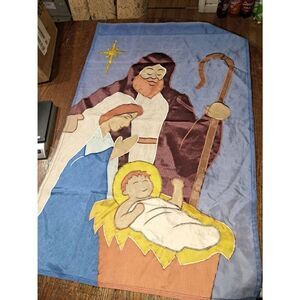 Vintage Large Christmas Nativity Scene House Flag Baby Jesus
